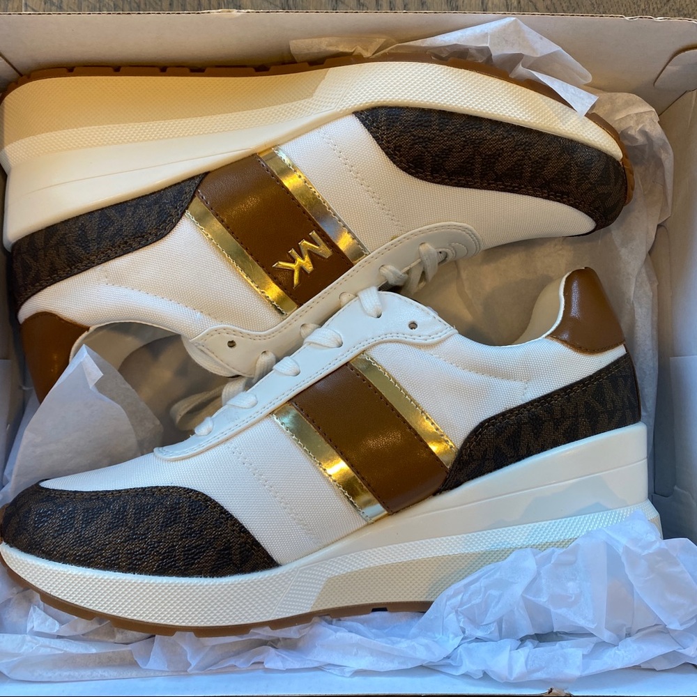 Michael Kors Mabel Brown MK Trainer Wedges Sneakers Shoes Flats Multi Size NEW - Picture 4 of 6
